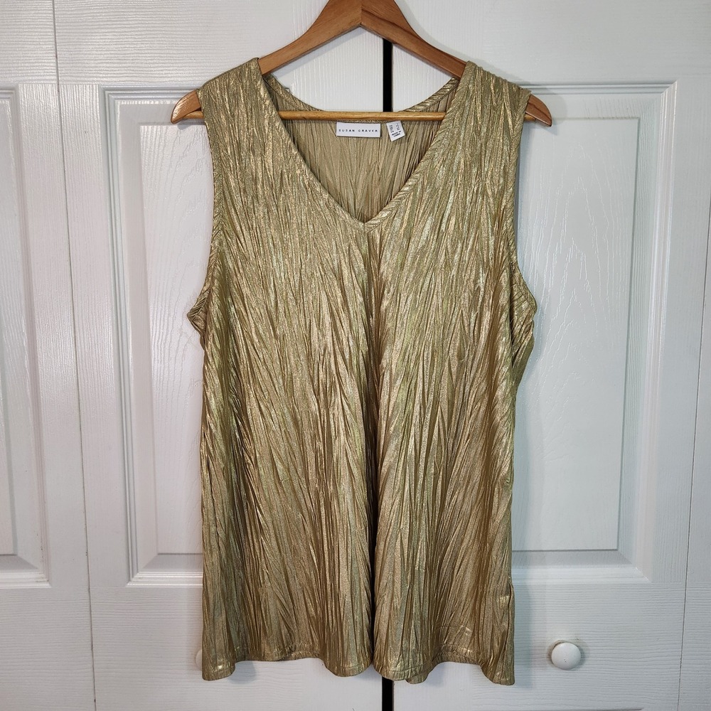 Susan Graver Gold Metallic Crinkle V-Neck Sleeveless Blouse Top Large Party Glam